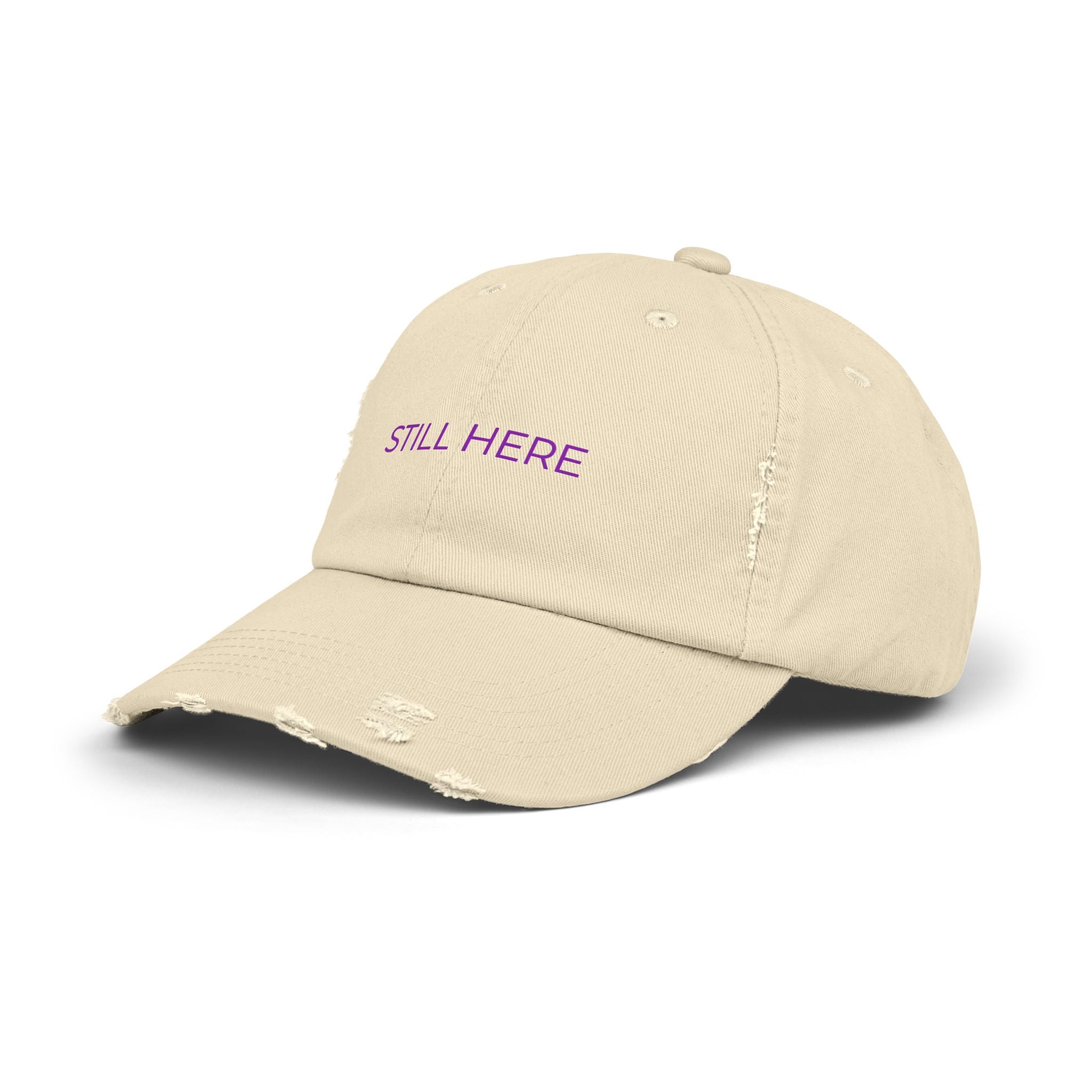 “STILL HERE” Distressed Cap — Survivor Baseball Hat for Women | Empowering Fashion | Resilience Apparel