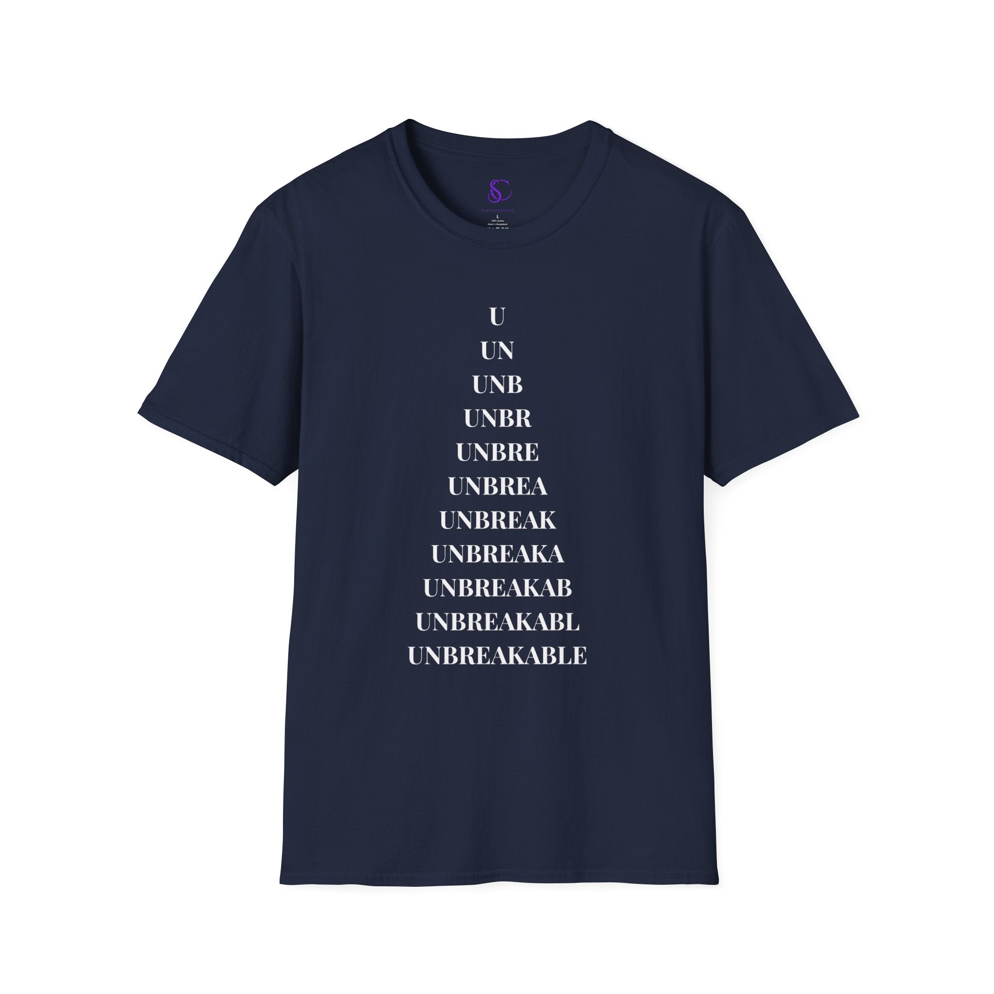 "Unbreakable" Letter‑by‑Letter Triangle T-Shirt — Motivational Typography Tee