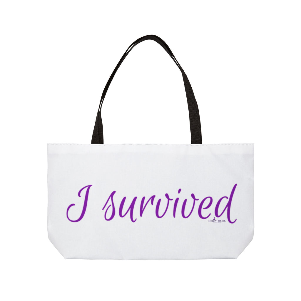"I Survived" weekender tote bag | Script Typography, White and Purple