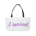 "I Survived" weekender tote bag | Script Typography, White and Purple