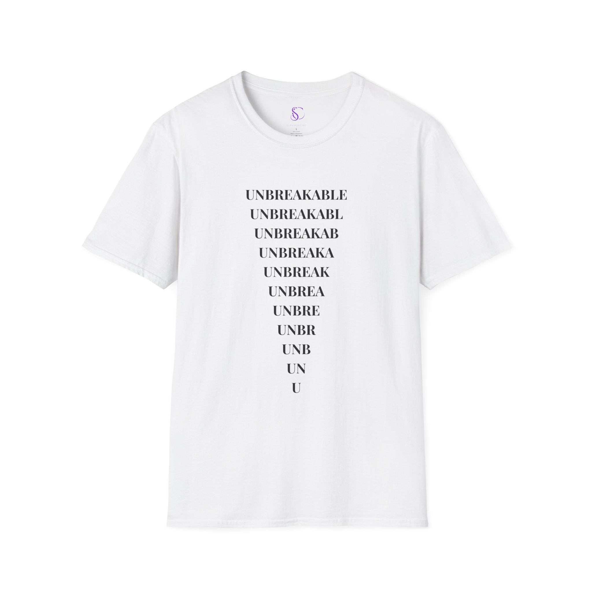 "Unbreakable" Vertical Fade White T-Shirt — Motivational Typography Tee