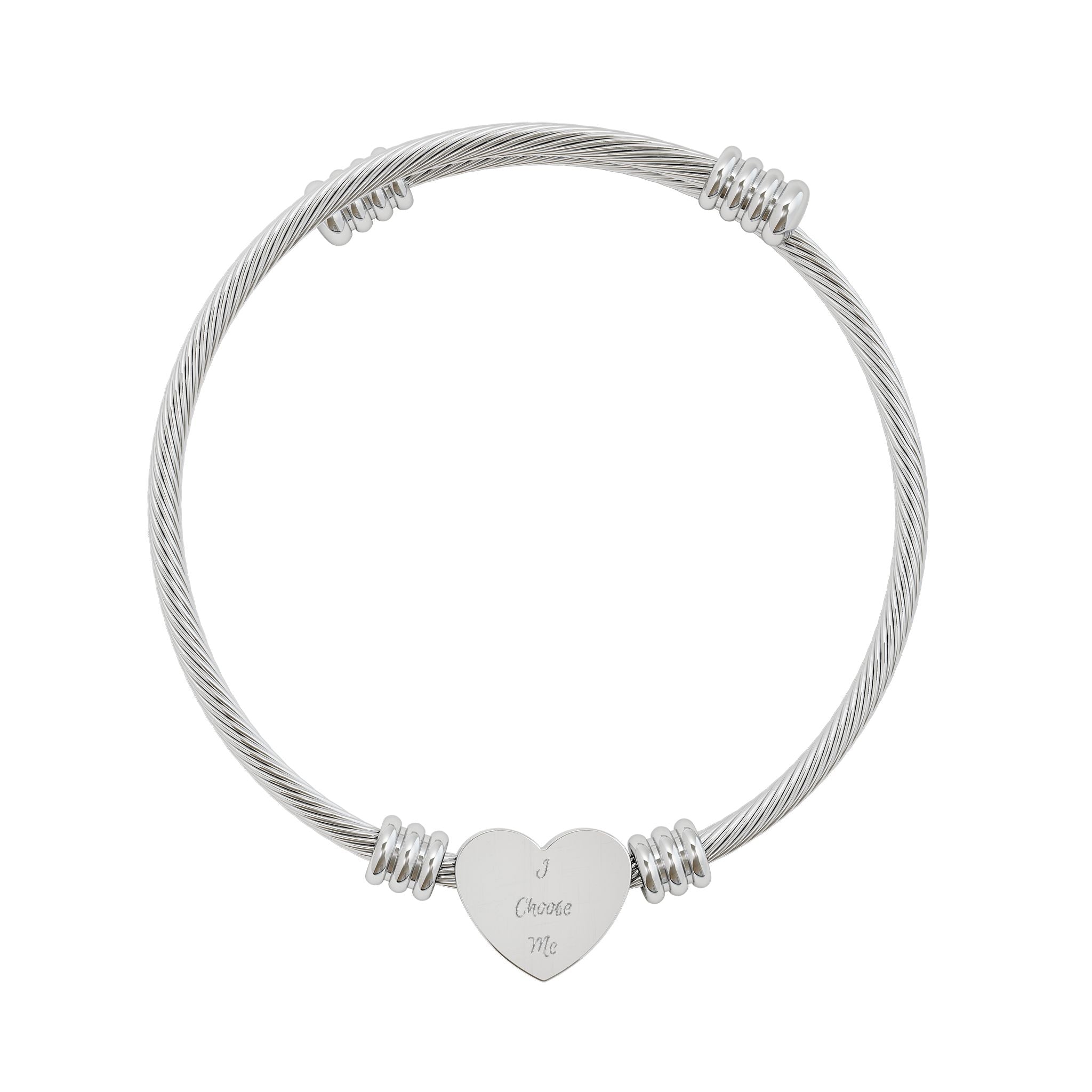 "I Choose Me" Engravable Heart Cuff Bracelet — Personalized Silver Cable Bangle