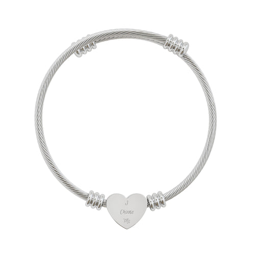 "I Choose Me" Engravable Heart Cuff Bracelet — Personalized Silver Cable Bangle