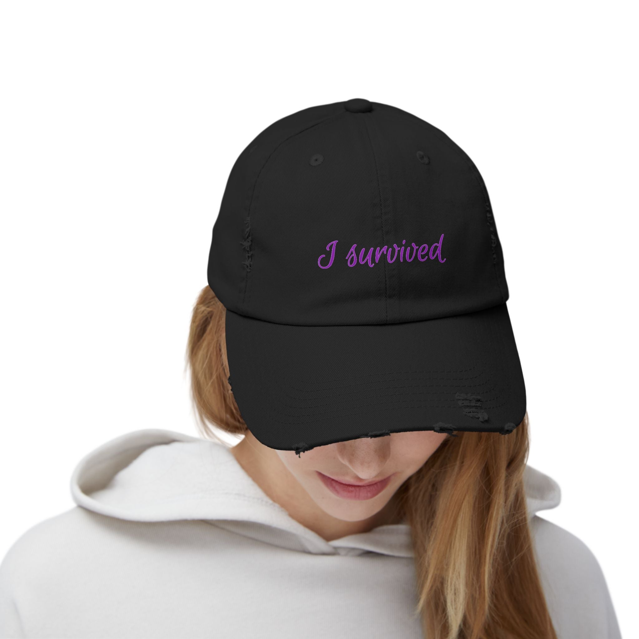 “I Survived” Distressed Cap — Survivor Baseball Hat for Women