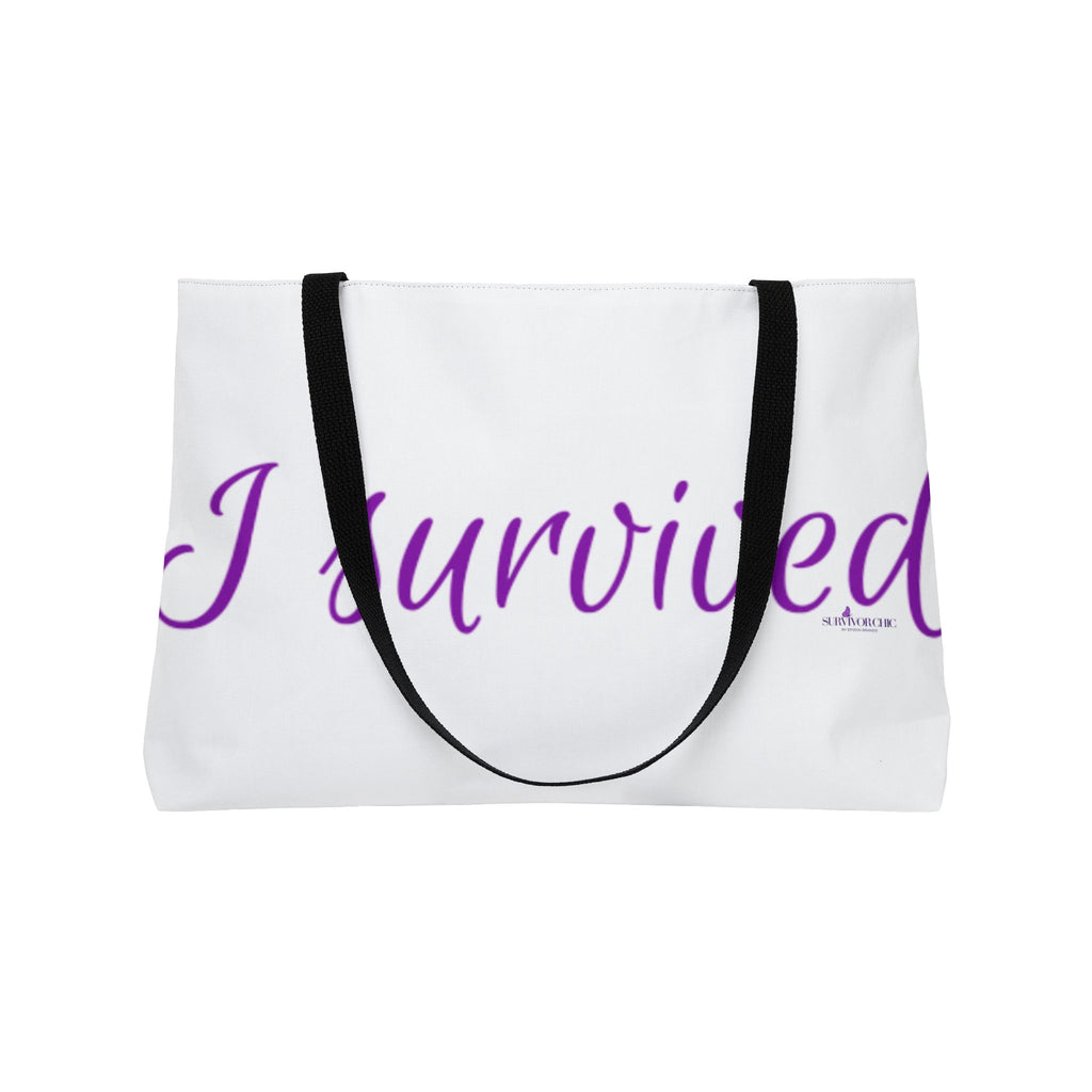 "I Survived" weekender tote bag | Script Typography, White and Purple