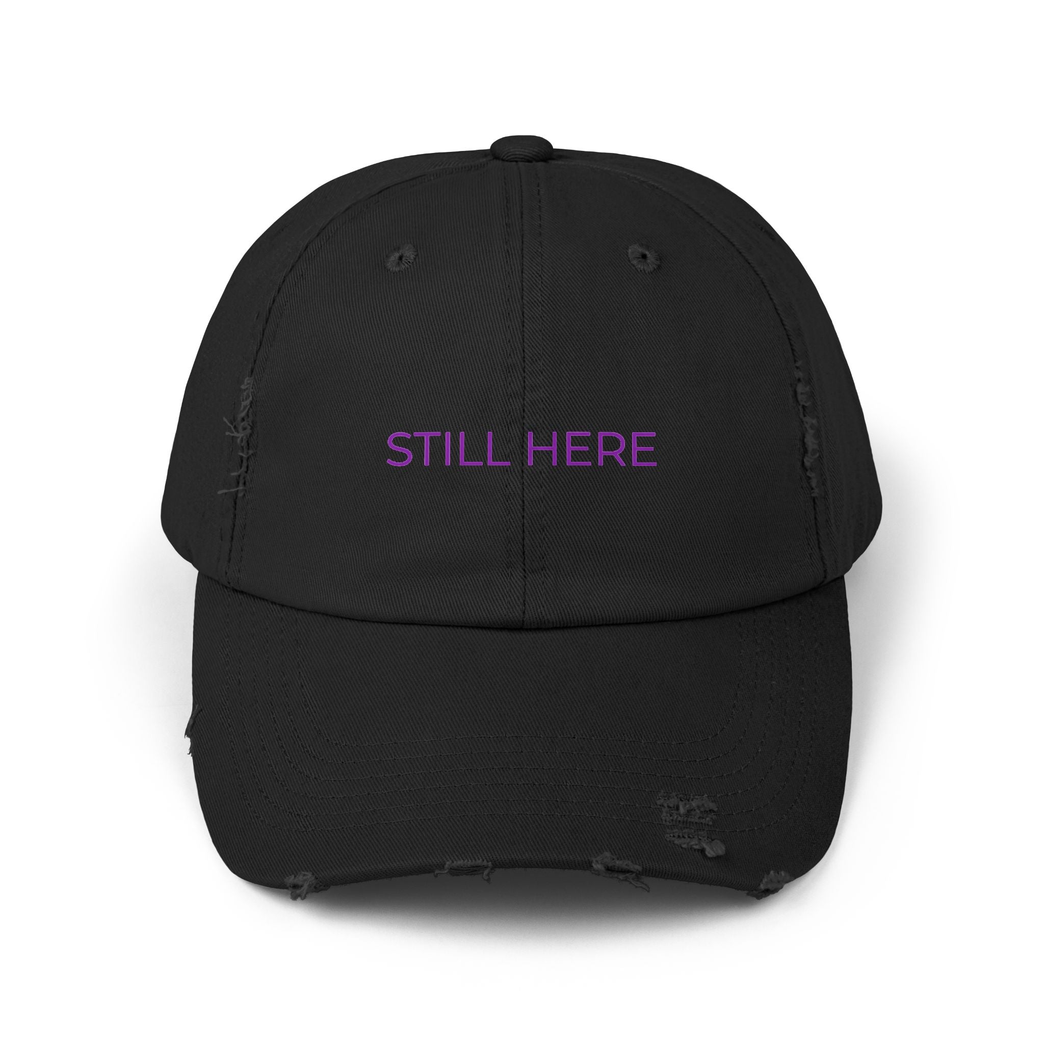 “STILL HERE” Distressed Cap — Survivor Baseball Hat for Women | Empowering Fashion | Resilience Apparel