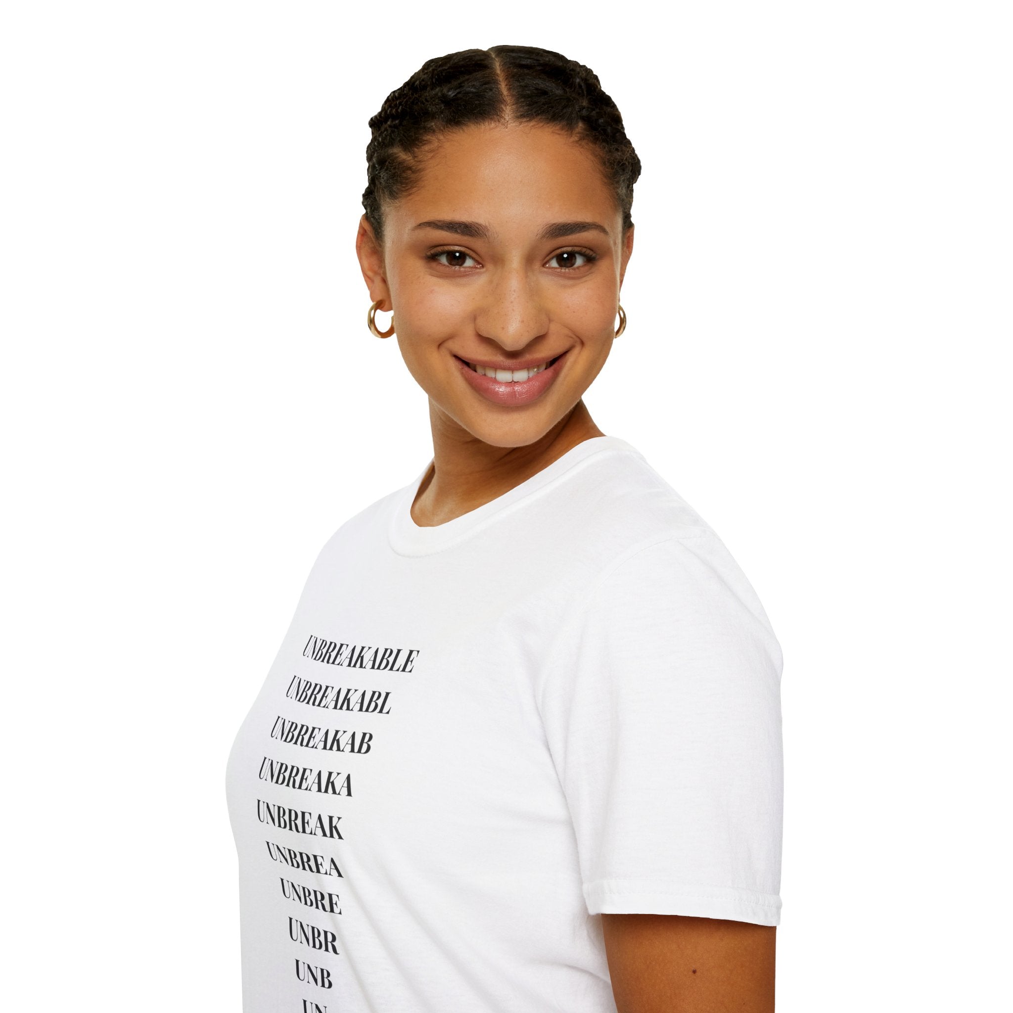 "Unbreakable" Vertical Fade White T-Shirt — Motivational Typography Tee