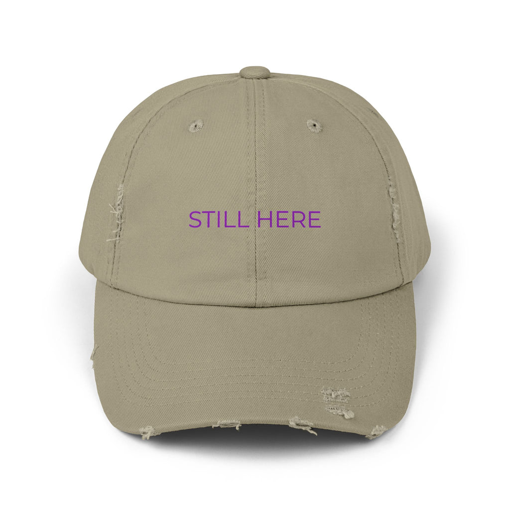 “STILL HERE” Distressed Cap — Survivor Baseball Hat for Women | Empowering Fashion | Resilience Apparel
