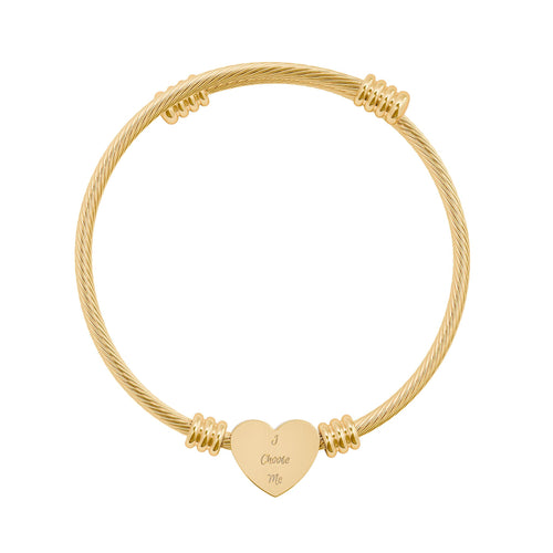 "I Choose Me" Engravable Heart Cuff Bracelet — Silver Cable Bangle