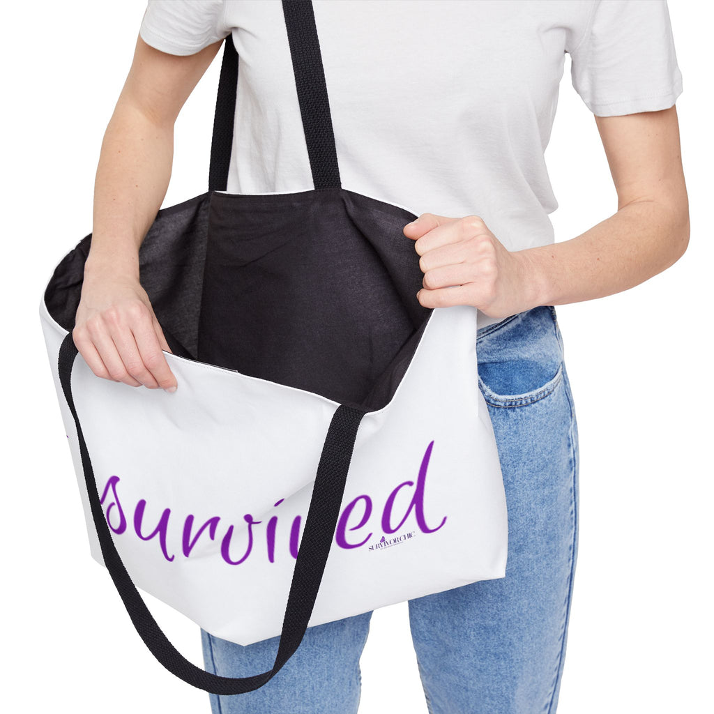 "I Survived" weekender tote bag | Script Typography, White and Purple