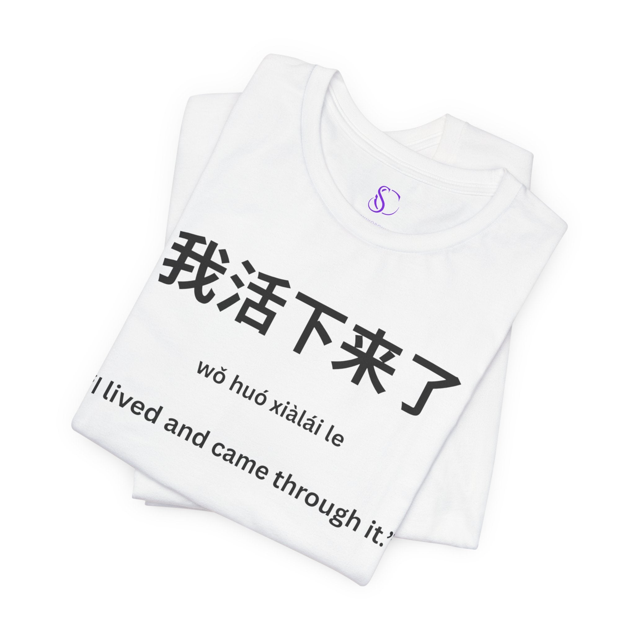 我活下来了 Tee - Pronounced wǒ huó xiàlái le. Literally means is “I lived and came through it. “I survived / I made it out alive.”