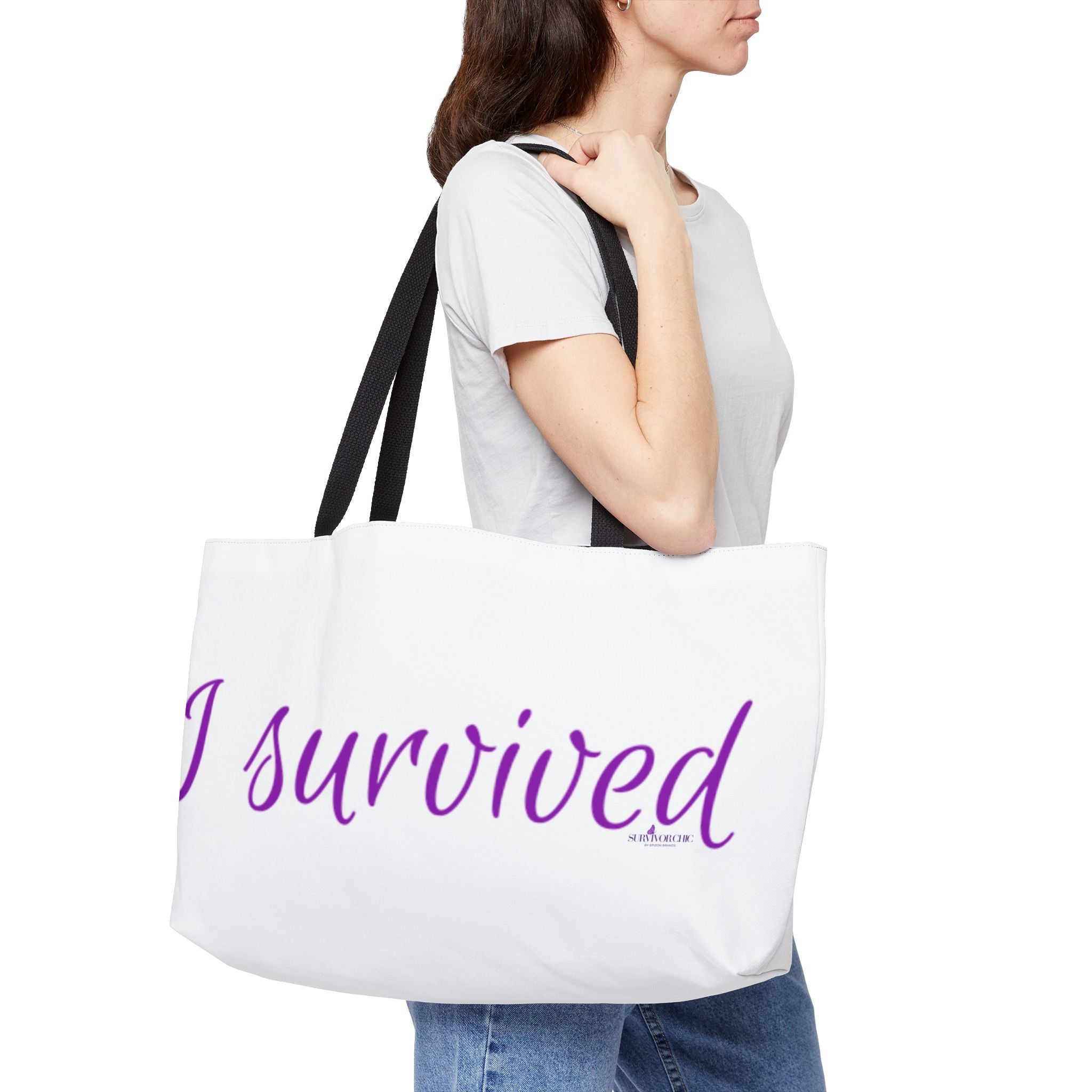 "I Survived" weekender tote bag | Script Typography, White and Purple