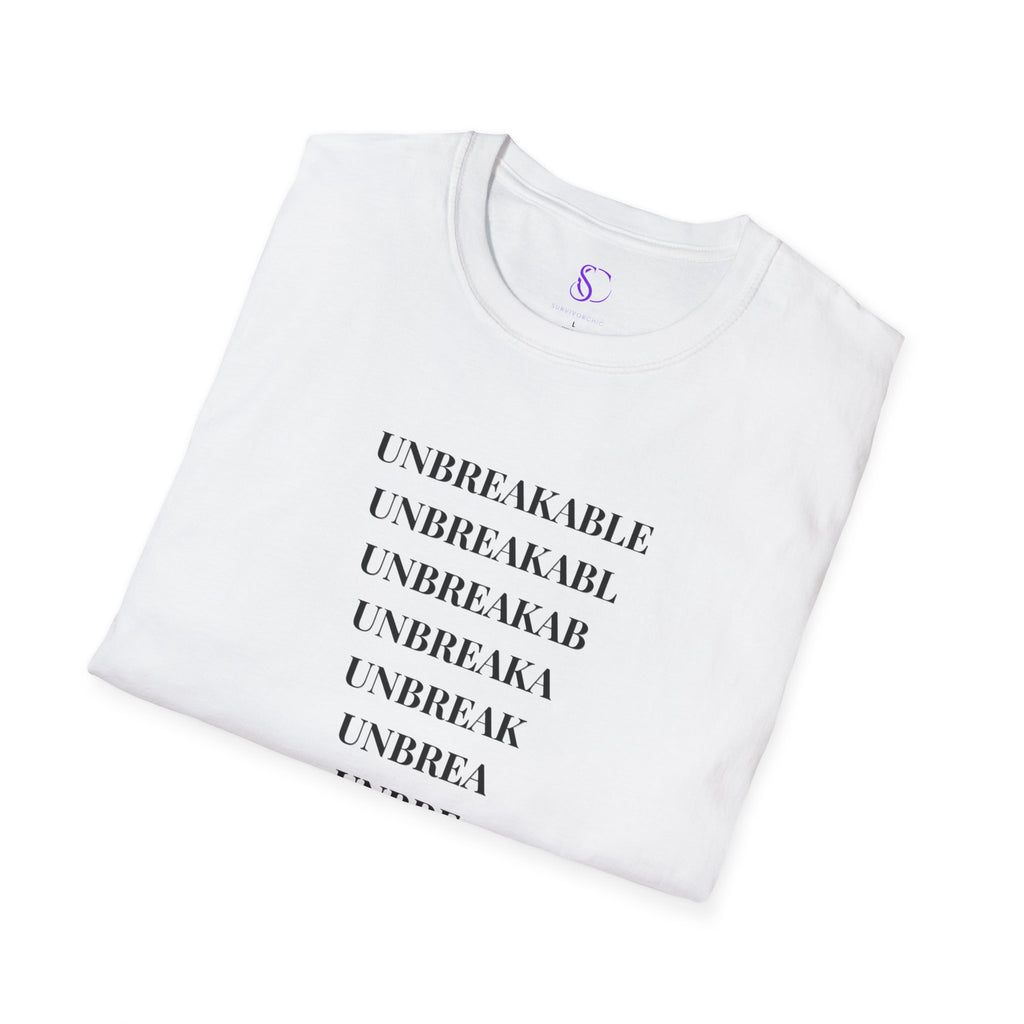 "Unbreakable" Vertical Fade White T-Shirt — Motivational Typography Tee