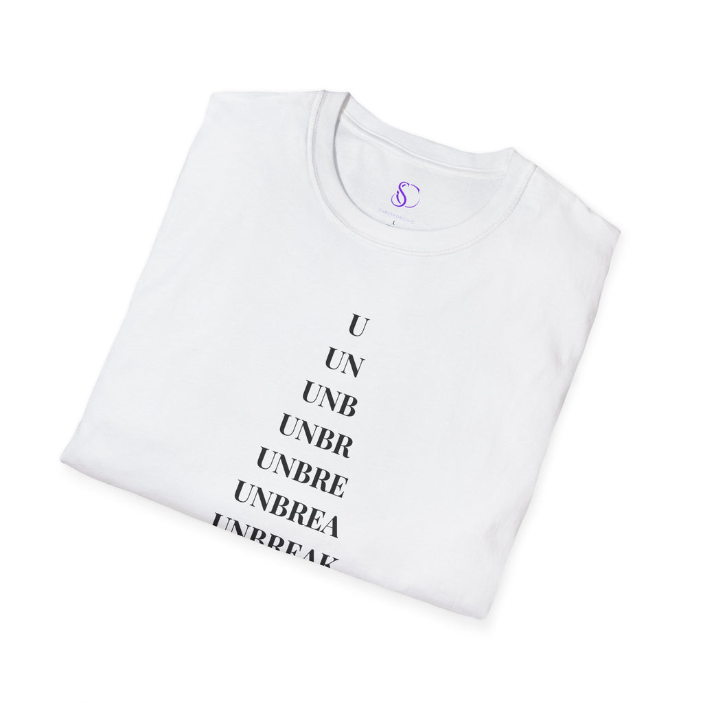 "Unbreakable" Letter‑by‑Letter Triangle White T-Shirt — Motivational Typography Tee