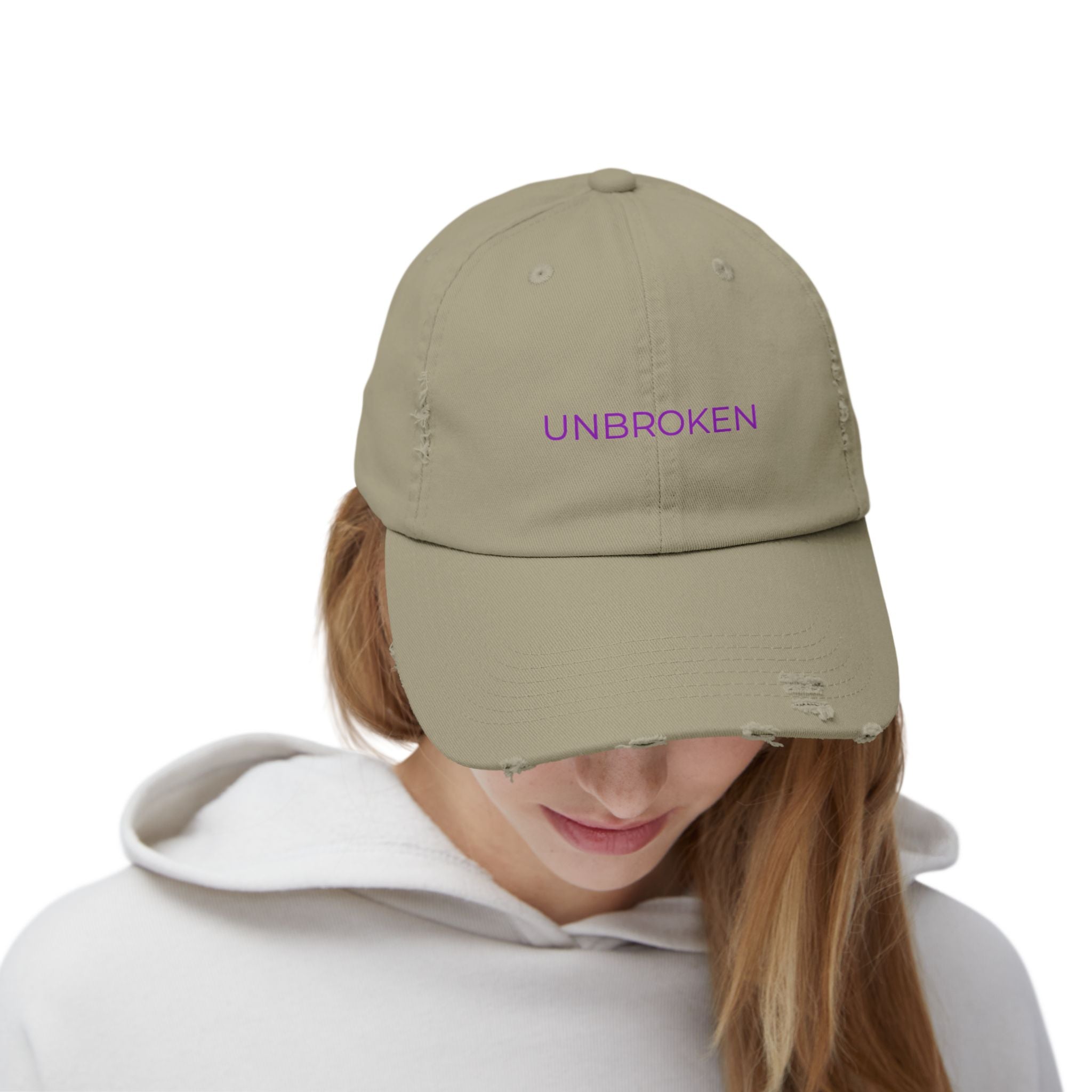 “UNBROKEN” Distressed Cap — Survivor Baseball Hat for Women | Empowering Fashion | Resilience Apparel