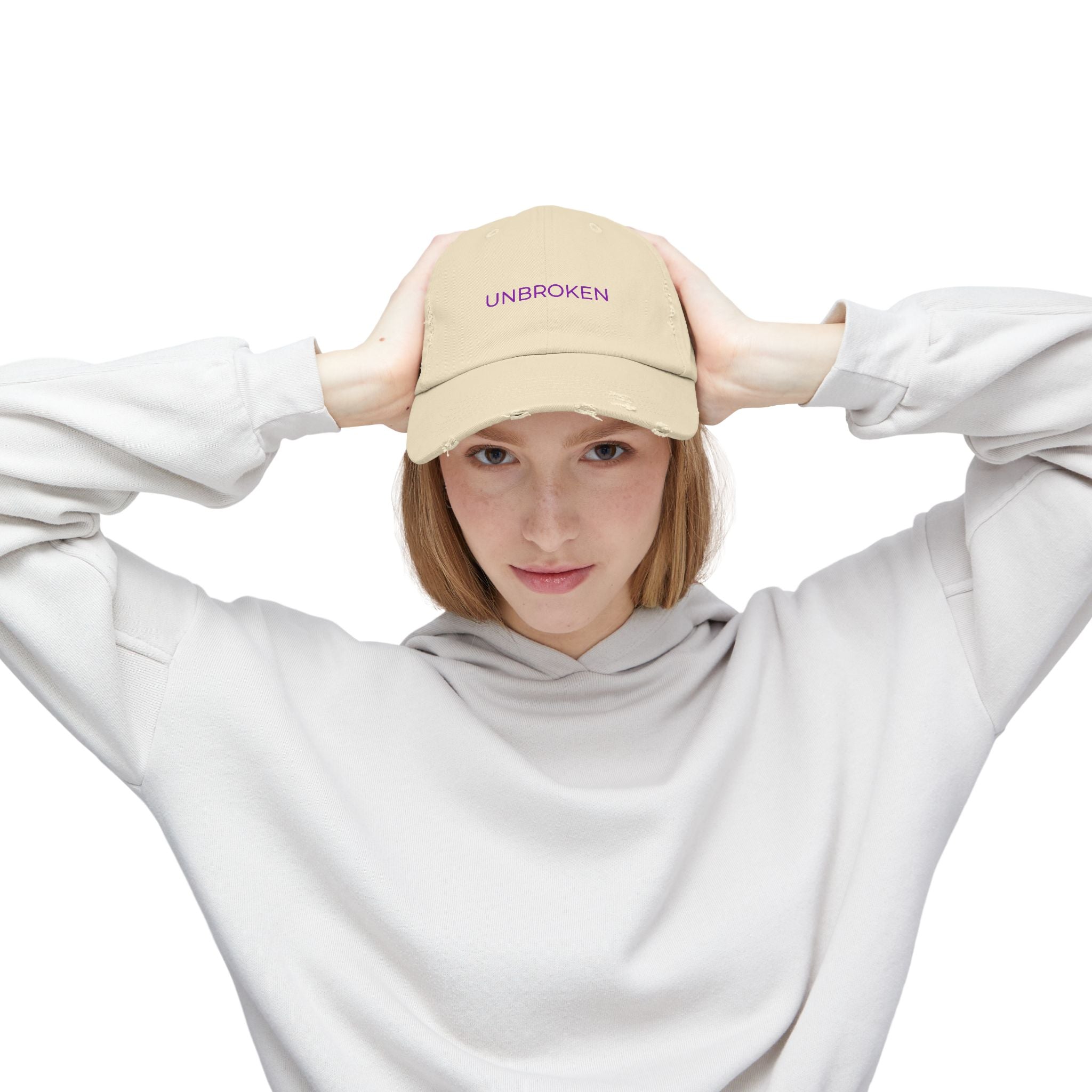 “UNBROKEN” Distressed Cap — Survivor Baseball Hat for Women | Empowering Fashion | Resilience Apparel