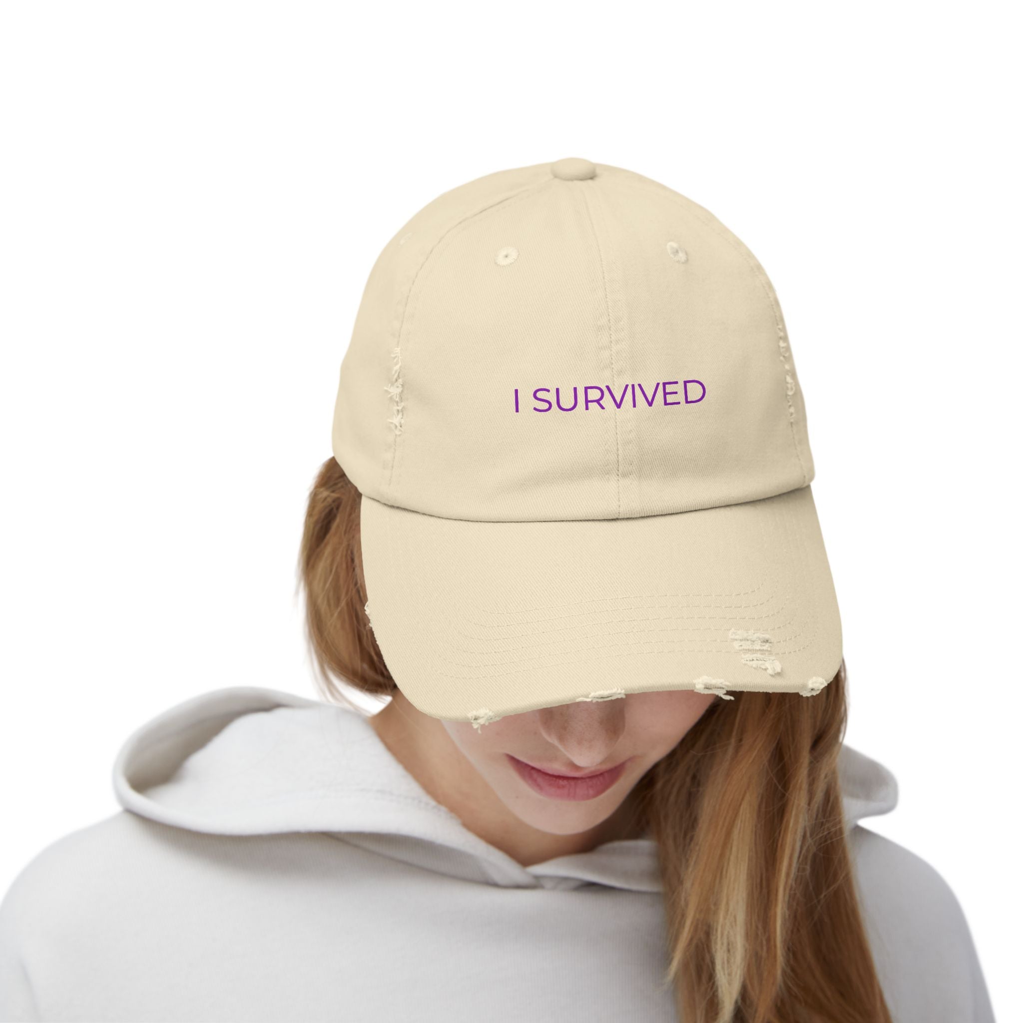 “I SURVIVED” Distressed Cap — Survivor Baseball Hat for Women | Empowering Fashion | Resilience Apparel