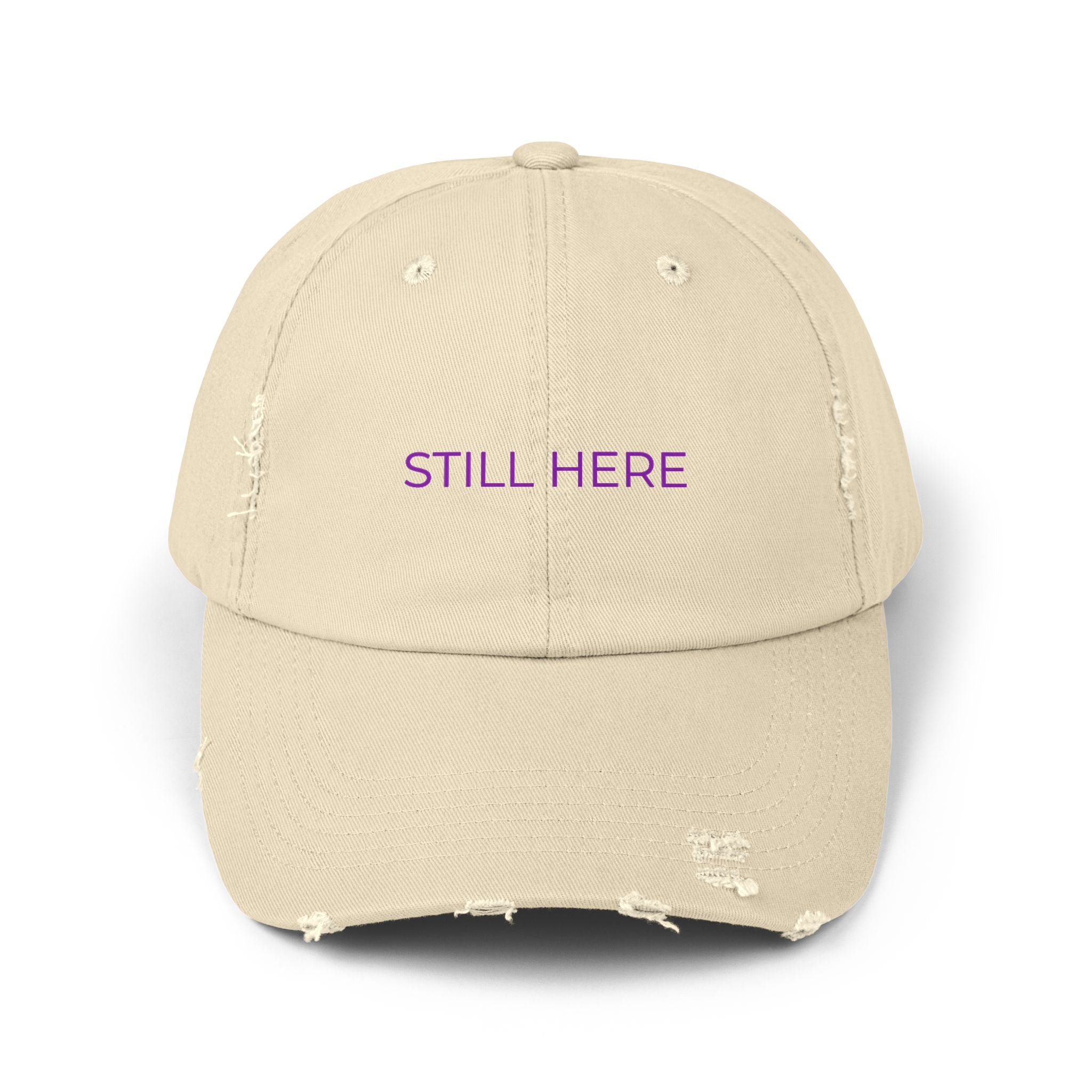 “STILL HERE” Distressed Cap — Survivor Baseball Hat for Women | Empowering Fashion | Resilience Apparel