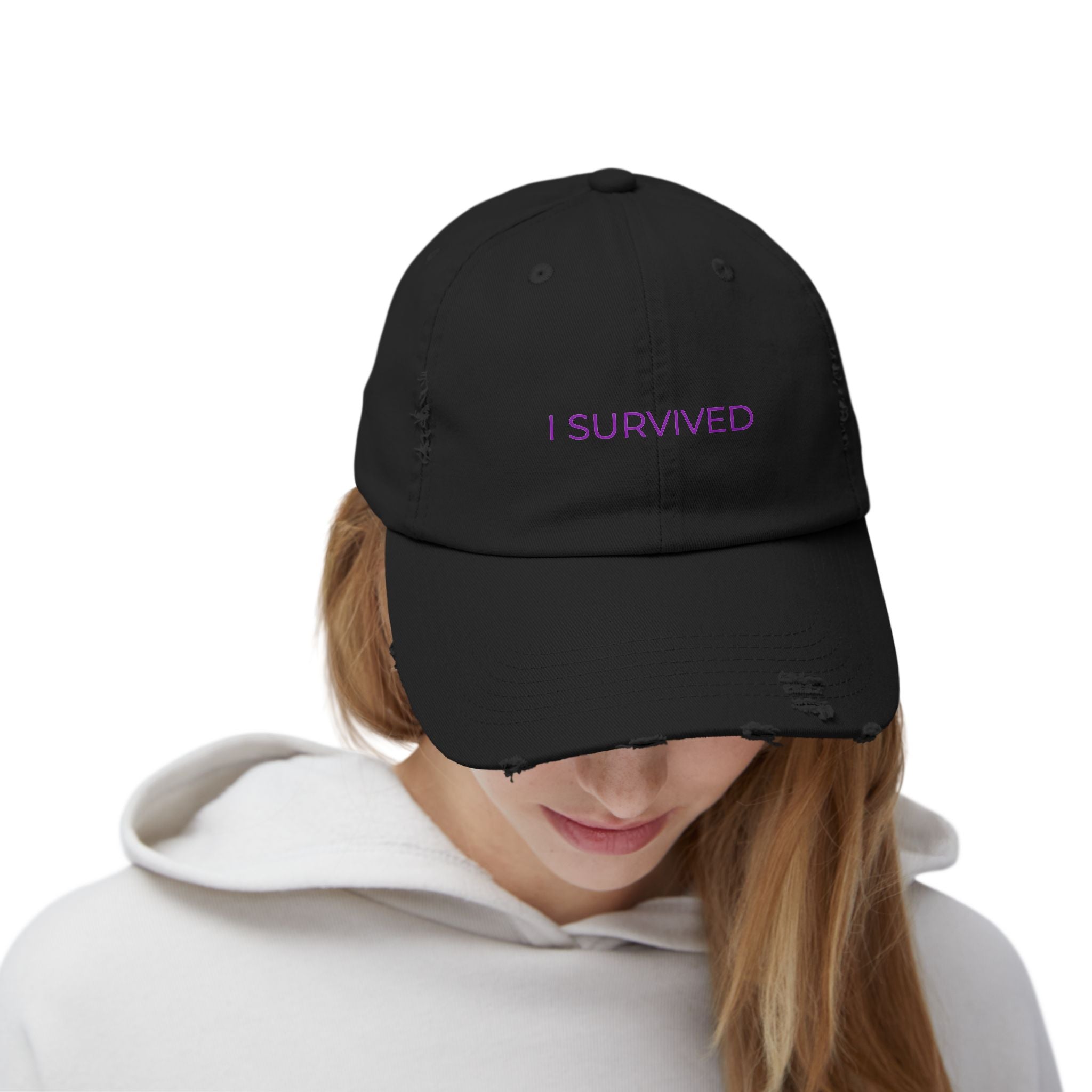 “I SURVIVED” Distressed Cap — Survivor Baseball Hat for Women | Empowering Fashion | Resilience Apparel