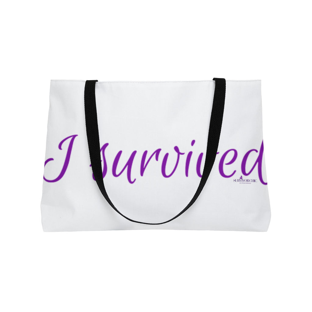 "I Survived" weekender tote bag | Script Typography, White and Purple