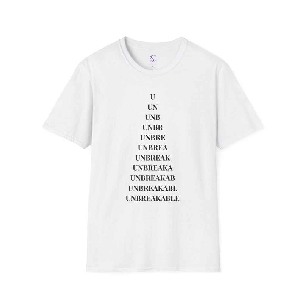 "Unbreakable" Letter‑by‑Letter Triangle White T-Shirt — Motivational Typography Tee