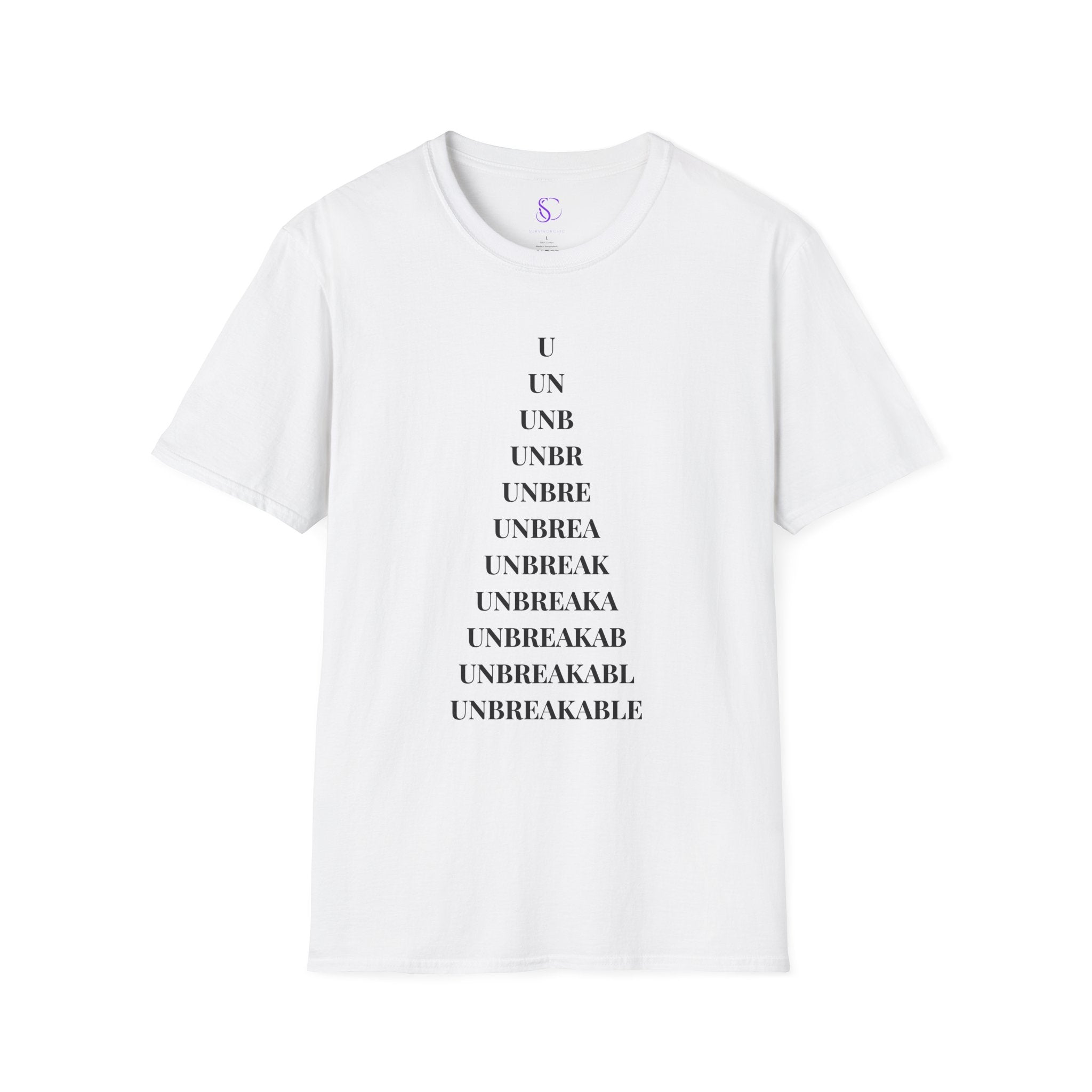 "Unbreakable" Letter‑by‑Letter Triangle White T-Shirt — Motivational Typography Tee