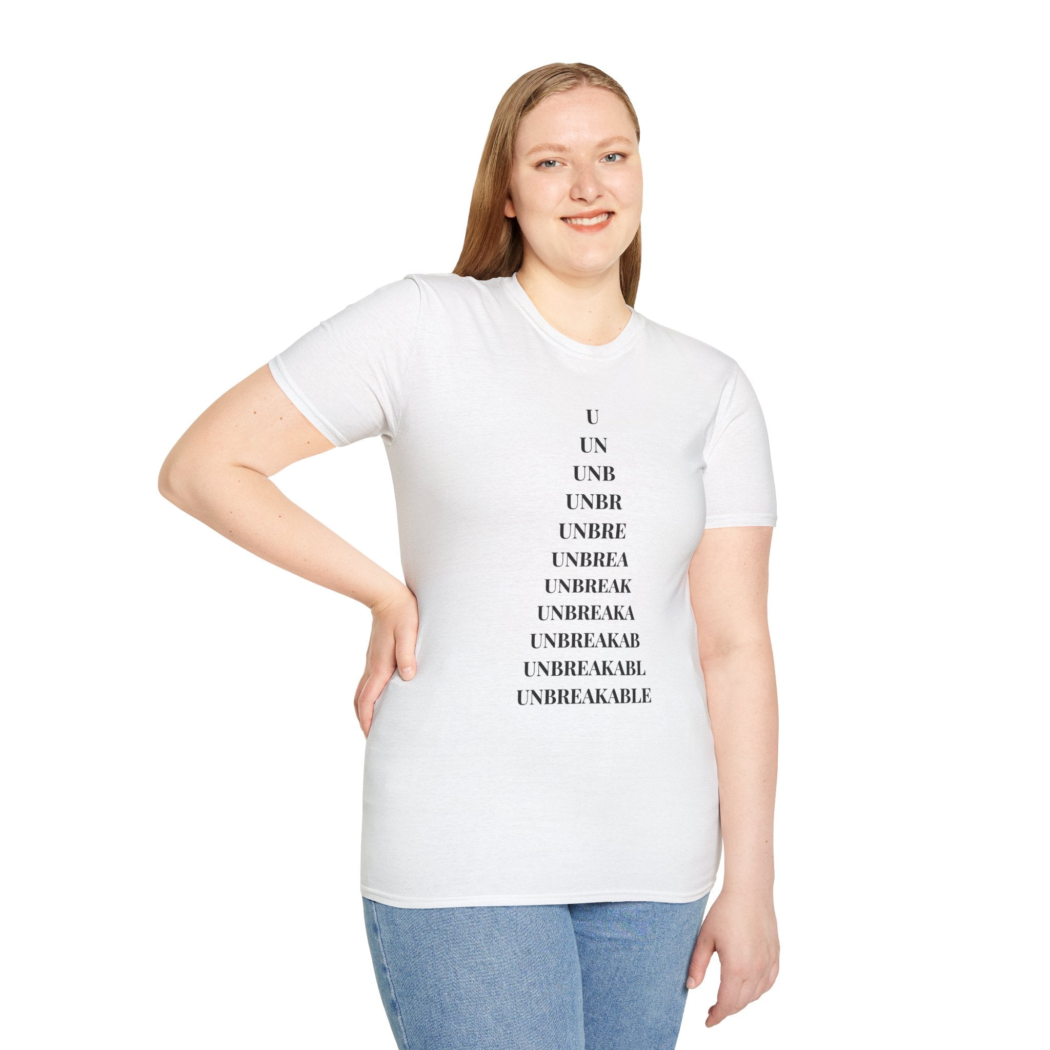 "Unbreakable" Letter‑by‑Letter Triangle White T-Shirt — Motivational Typography Tee