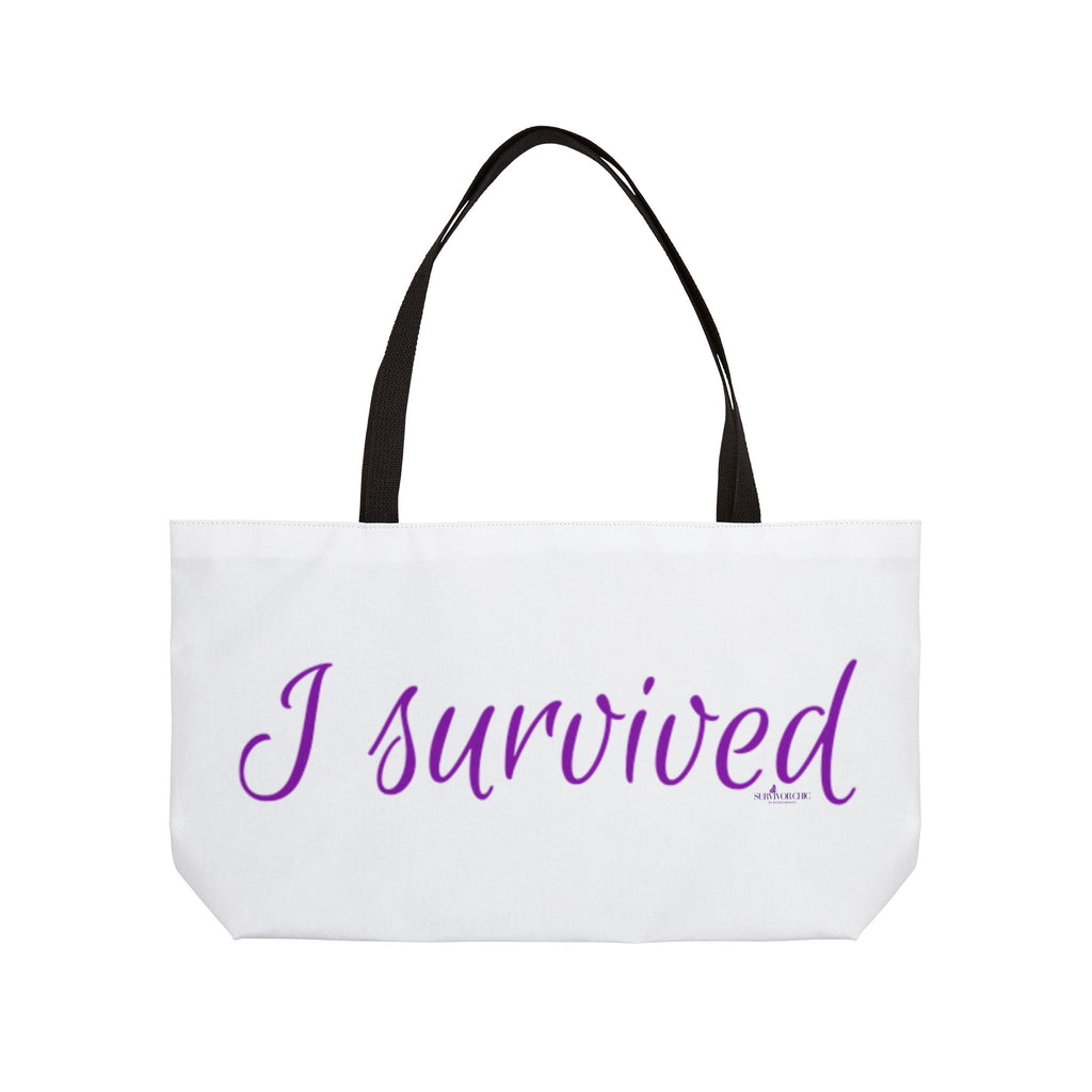 "I Survived" weekender tote bag | Script Typography, White and Purple