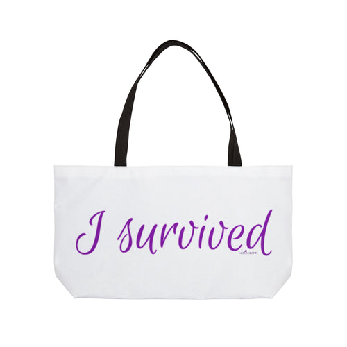 "I Survived" weekender tote bag | Script Typography, White and Purple